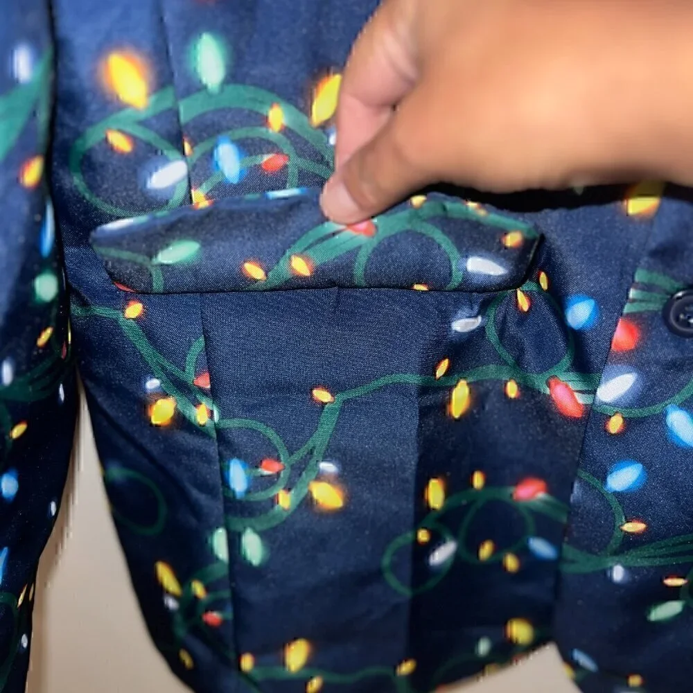 Men's Christmas Holiday Light Party Blazer - 2 Button - size Large - Navy Tacky
